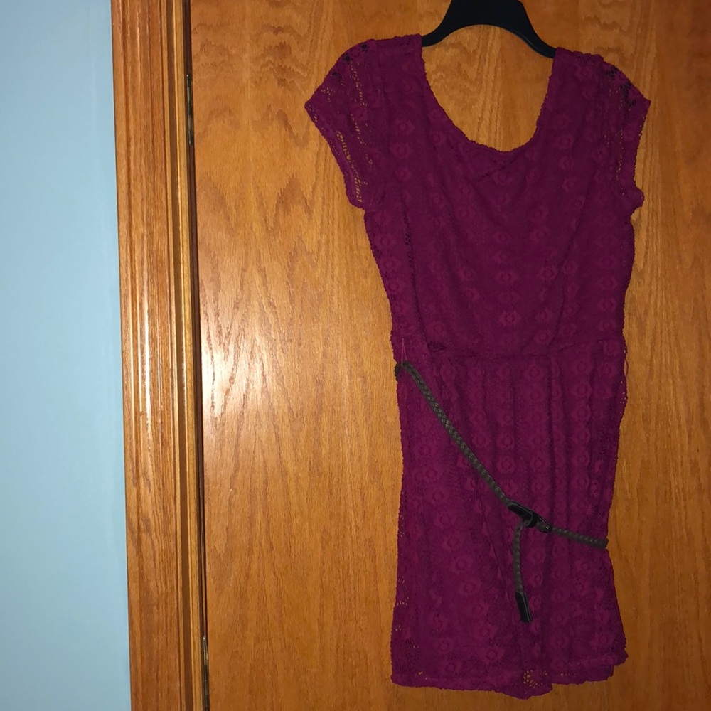Red lacy dress with brown belt